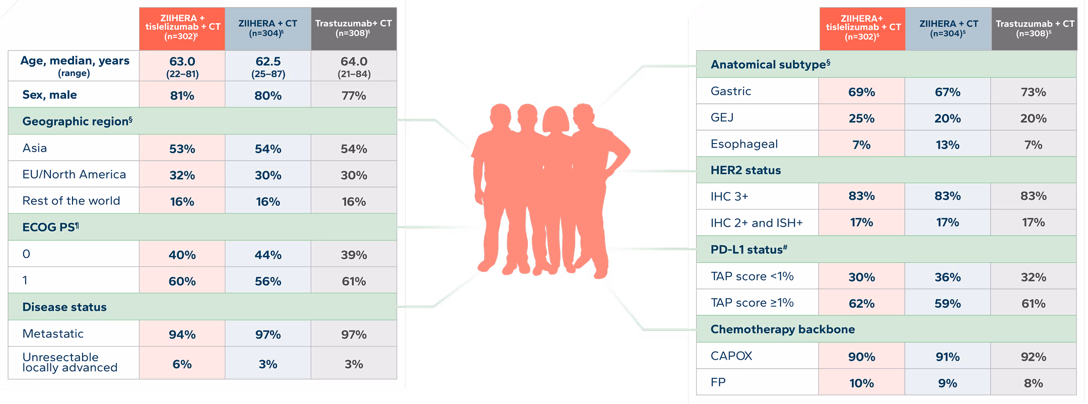 Table of baseline patient characteristics for ZIIHERA plus tislelizumab plus chemotherapy (n=302), ZIIHERA plus chemotherapy (n=304), and trastuzumab plus chemotherapy (n=308)